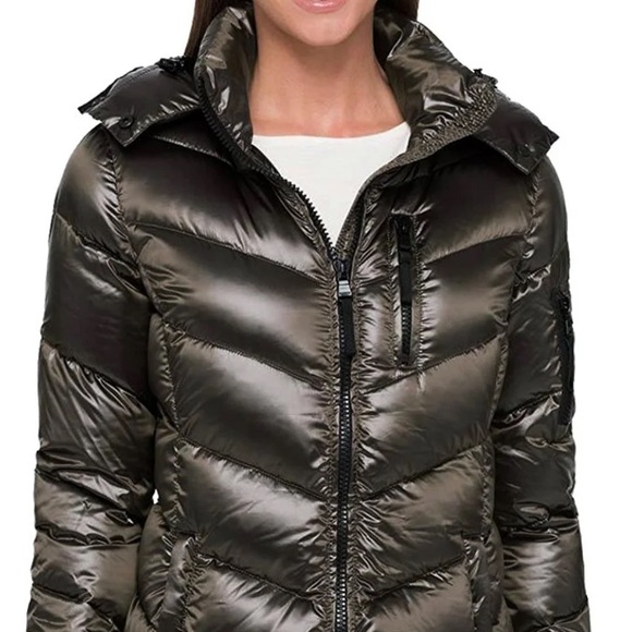 Andrew Marc Long Down Feather Fill Dark Green Puffer Coat Hooded Packable Jacket - Picture 2 of 14
